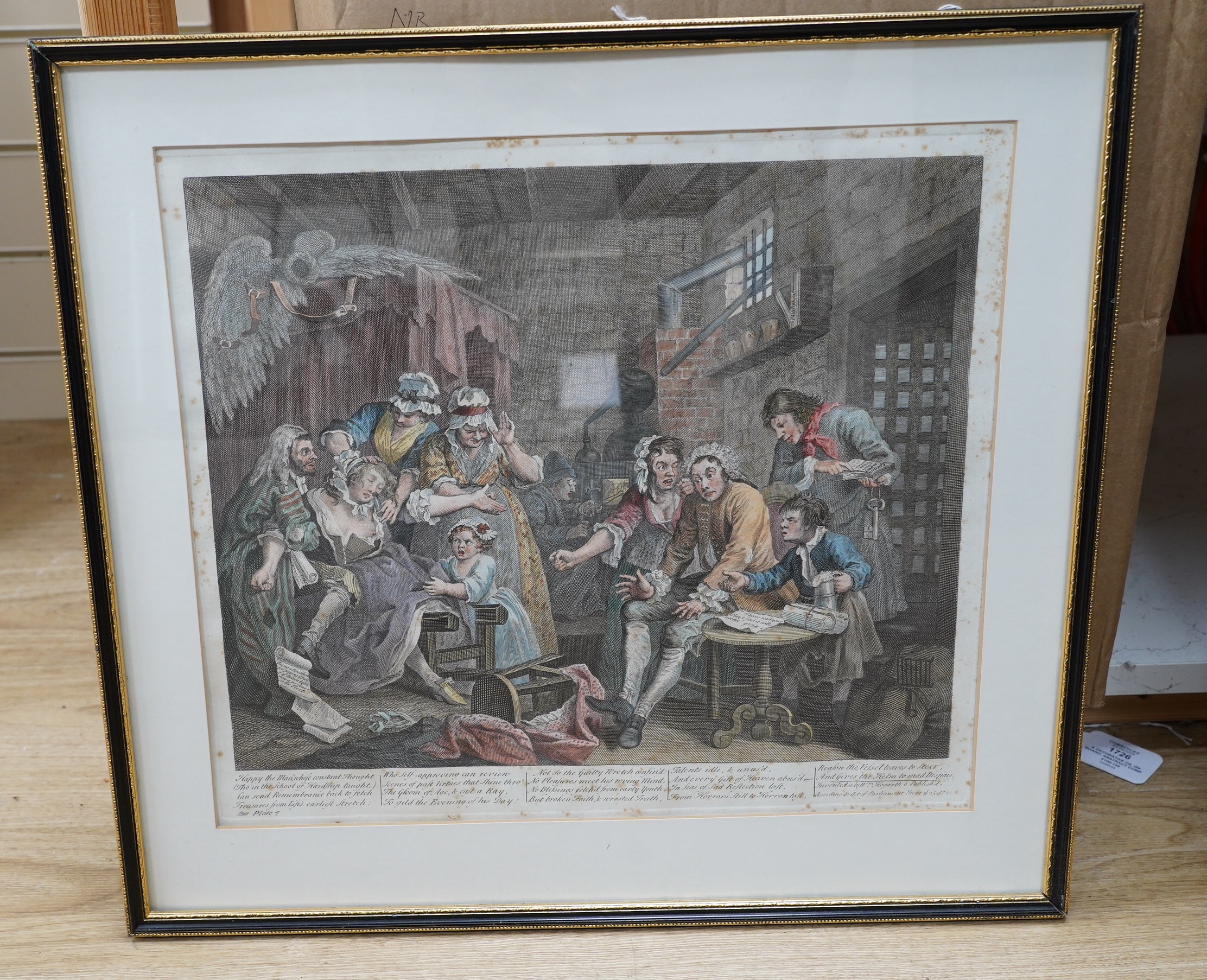 After William Hogarth (1697-1764), Eight satirical hand coloured engravings, ‘The Rakes Progress’, published June 25th 1735, largest 36 x 41cm. Condition - poor, fair, foxing throughout